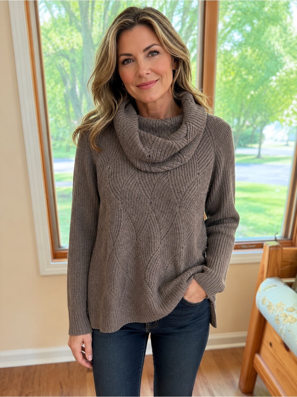 Garnet Hill Taupe Cable-Knit Cowlneck Alpaca Sweater, size L